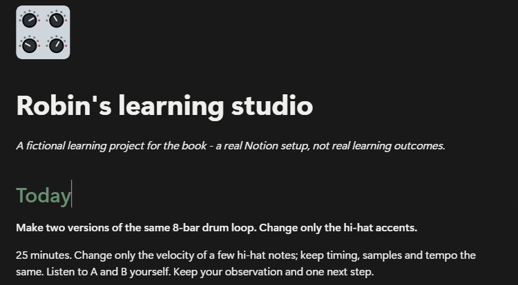 Robin's learning studio in Notion, with one focused drum-loop exercise under Today
